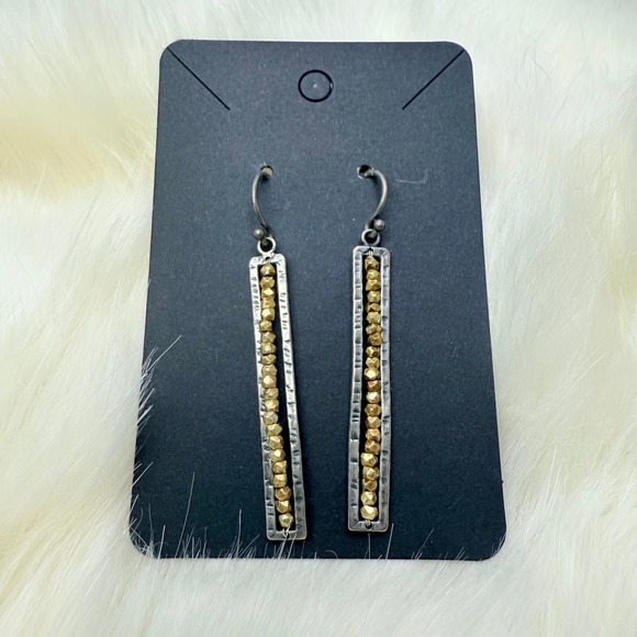 Sterling Silver Hammered Metal Drop Earrings w/ Gold Beads Insert - Picture 2 of 3